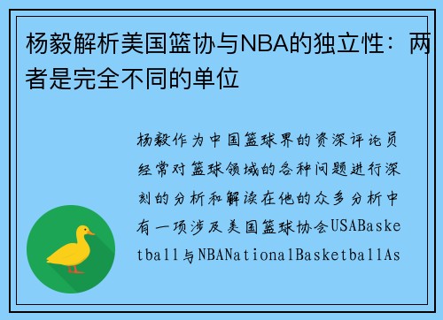 杨毅解析美国篮协与NBA的独立性：两者是完全不同的单位