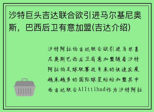 沙特巨头吉达联合欲引进马尔基尼奥斯，巴西后卫有意加盟(吉达介绍)
