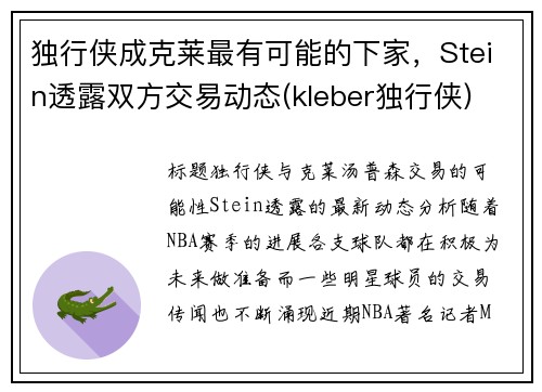 独行侠成克莱最有可能的下家，Stein透露双方交易动态(kleber独行侠)