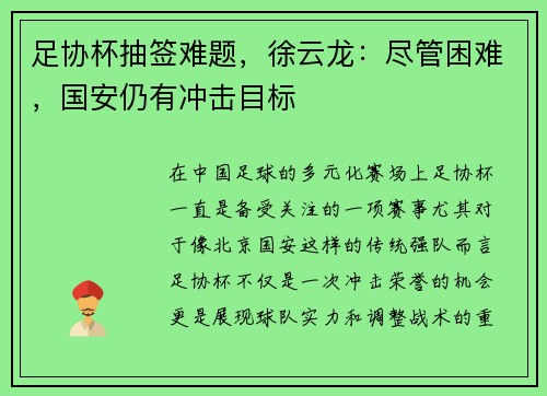 足协杯抽签难题，徐云龙：尽管困难，国安仍有冲击目标